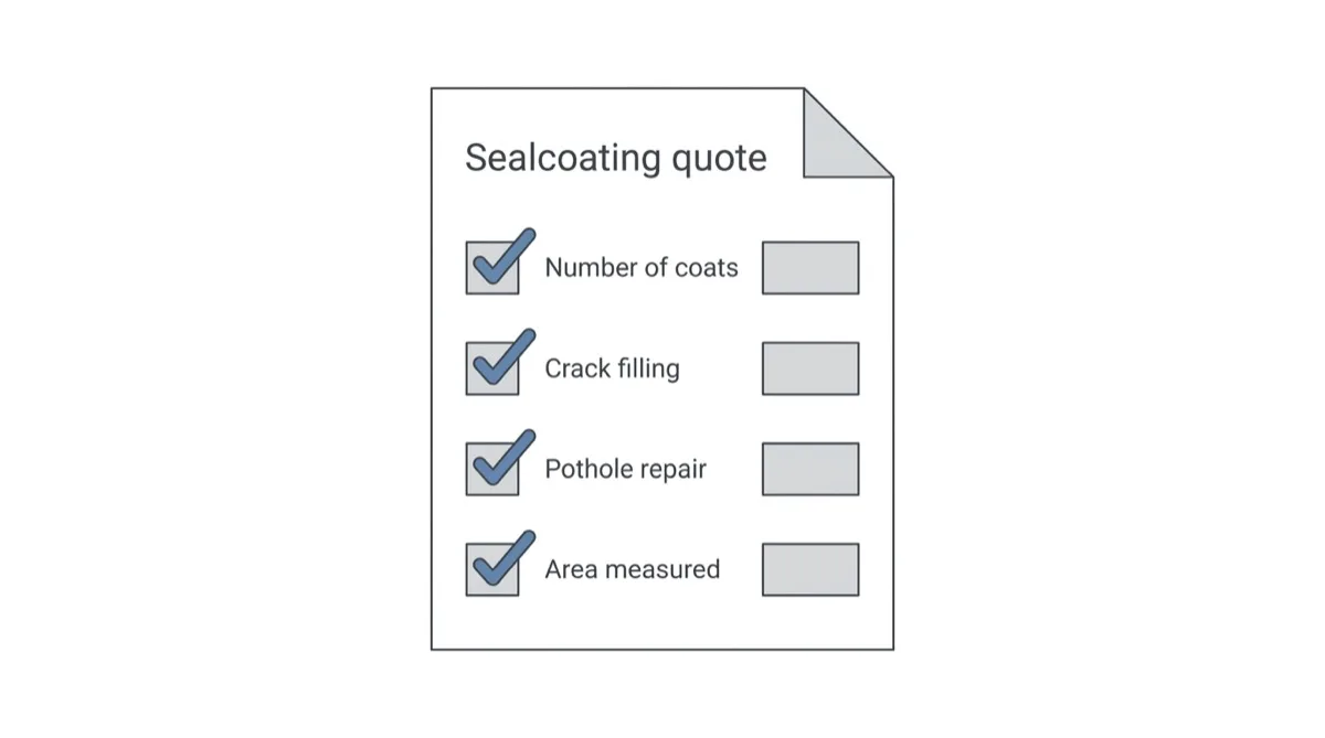 A sealcoating quote sheet with four checklist rows: number of coats, crack filling, pothole repair and area measured.