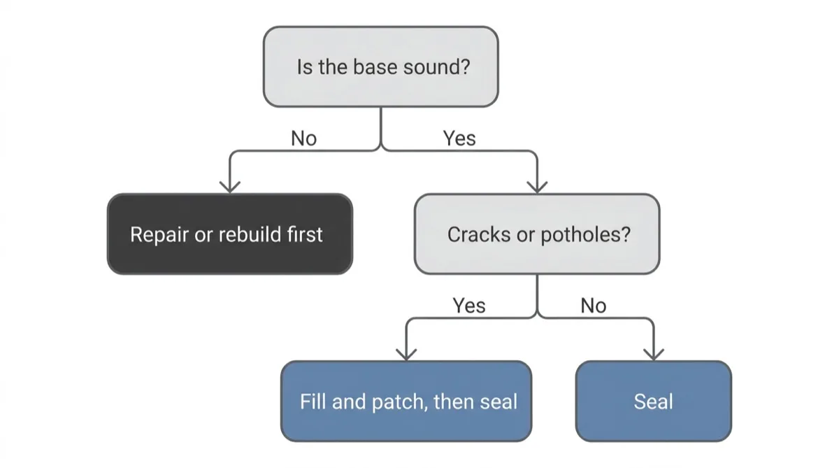 Decision flow: if the base is not sound, repair or rebuild first; if it is sound and has cracks or potholes, fill and patch then seal; otherwise seal.