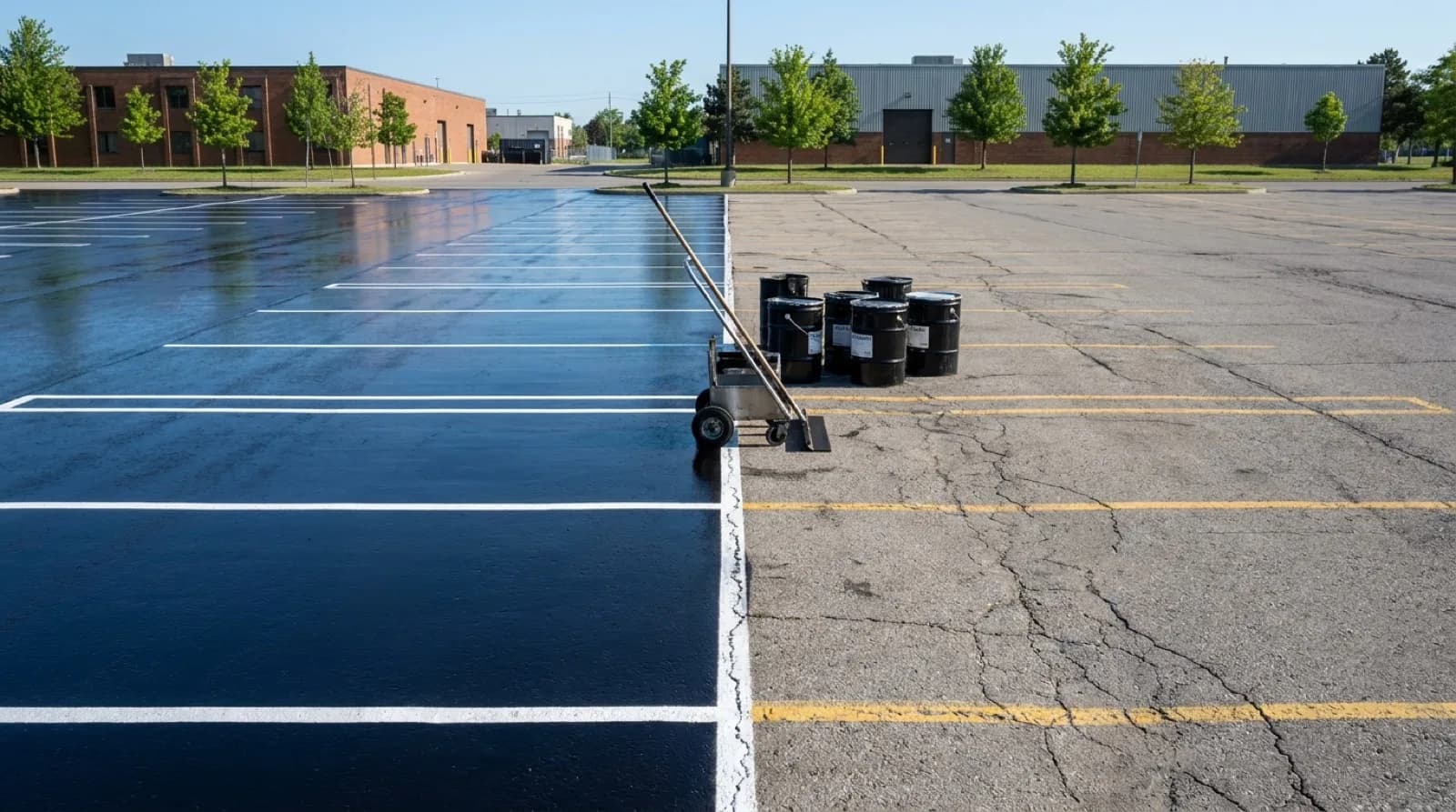 A commercial lot split between a freshly sealcoated glossy black half and a faded grey, lightly cracked half, with sealing equipment at the boundary.