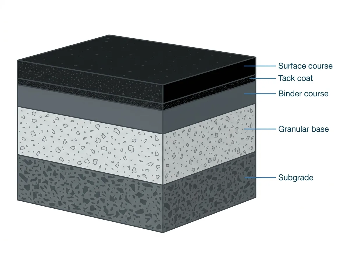 Cross-section of a commercial parking lot showing subgrade, granular base, binder course, tack coat and surface course.
