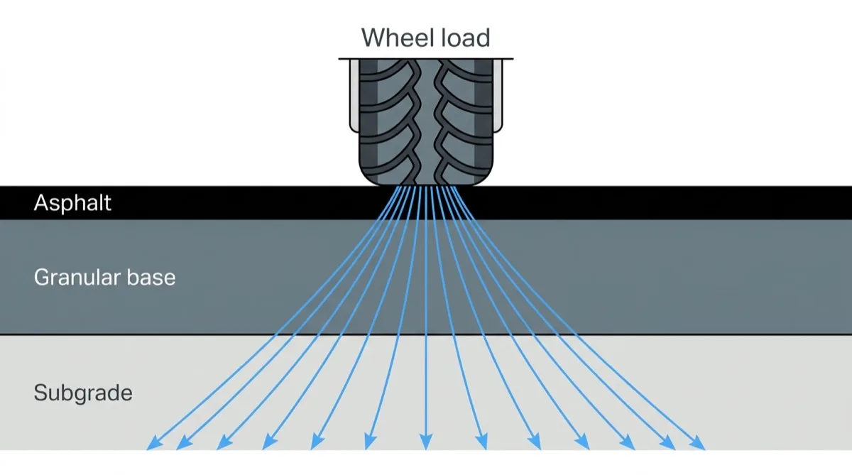 Diagram of a wheel load spreading downward through asphalt and granular base into the subgrade.