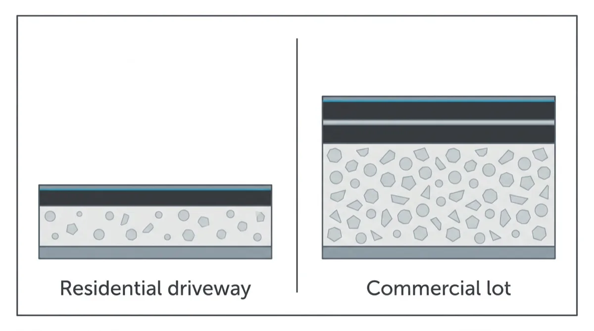 Side by side comparison of a shallow residential driveway section and a deeper commercial parking lot section.