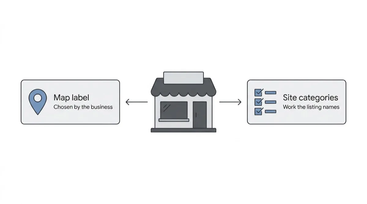 One business with two descriptions: a map label chosen by the business on the left and the site categories naming its work on the right.