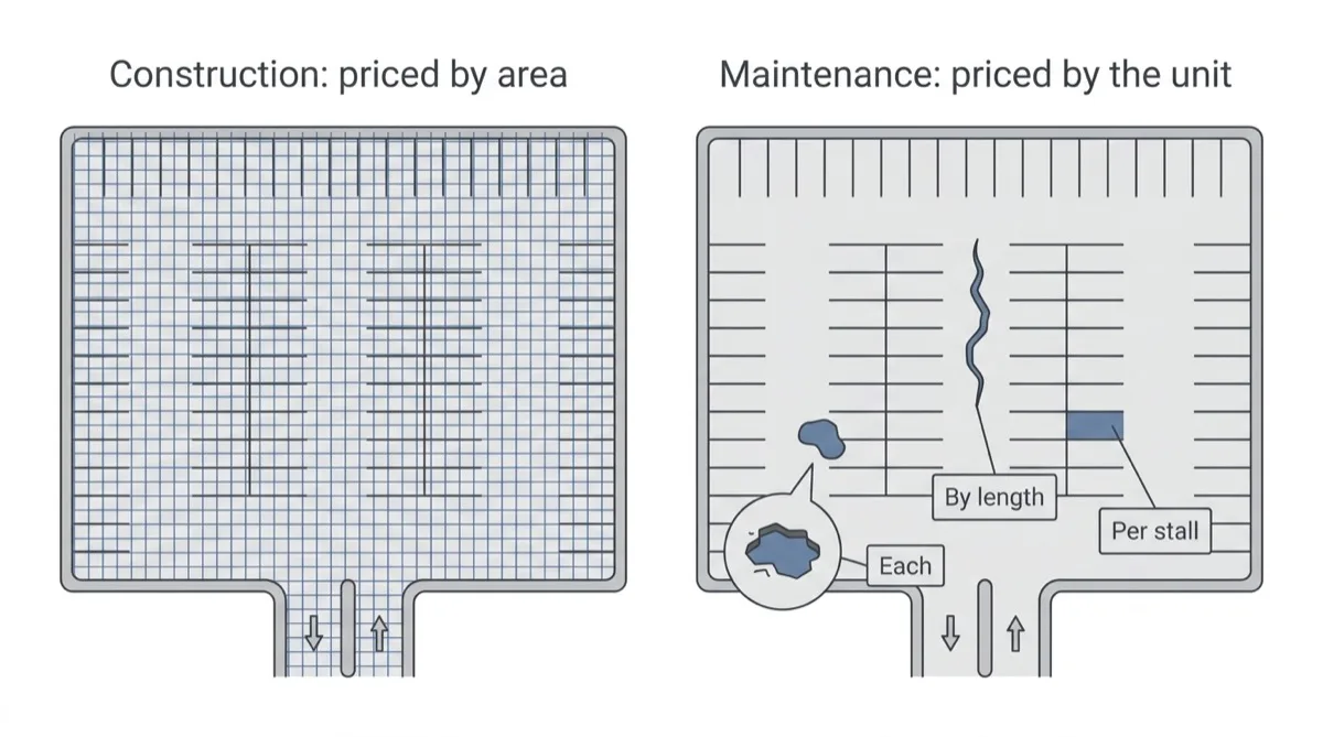 Left: a lot covered in a grid, priced by area. Right: the same lot with a pothole priced each, a crack priced by length and a stall priced per stall.