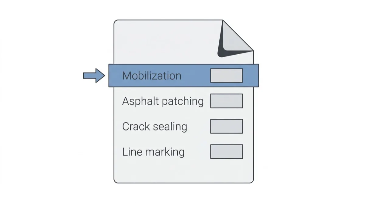 A quote sheet with four line items, mobilization, asphalt patching, crack sealing and line marking, with the mobilization row highlighted.