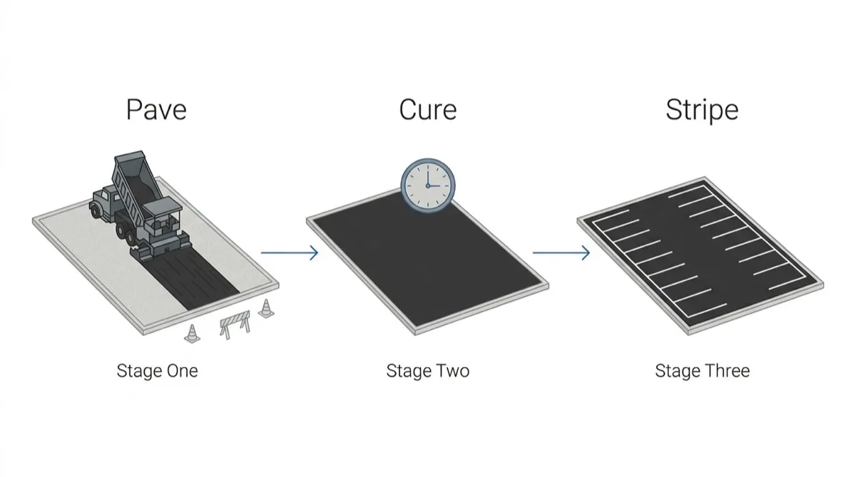 Three stage process flow: pave the lot, let the surface cure, then stripe it.