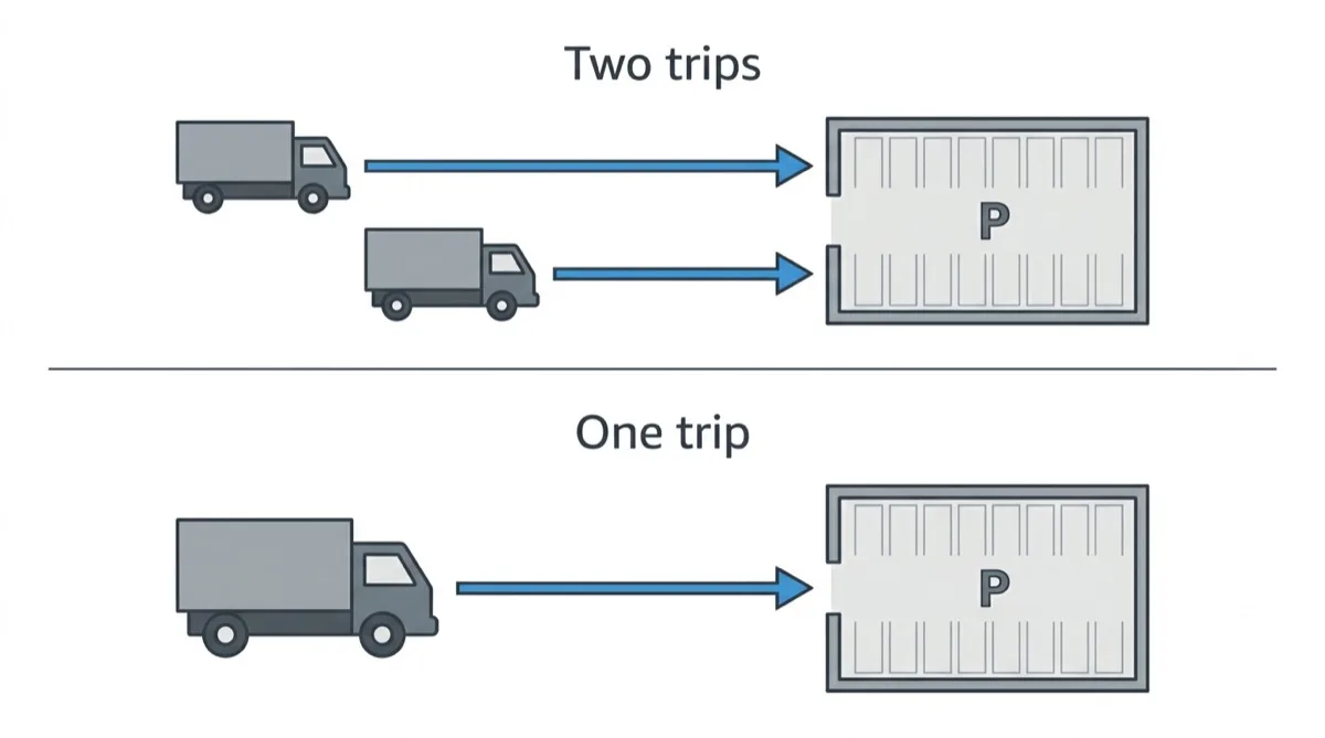 Diagram contrasting two separate truck trips to a lot with a single shared trip.