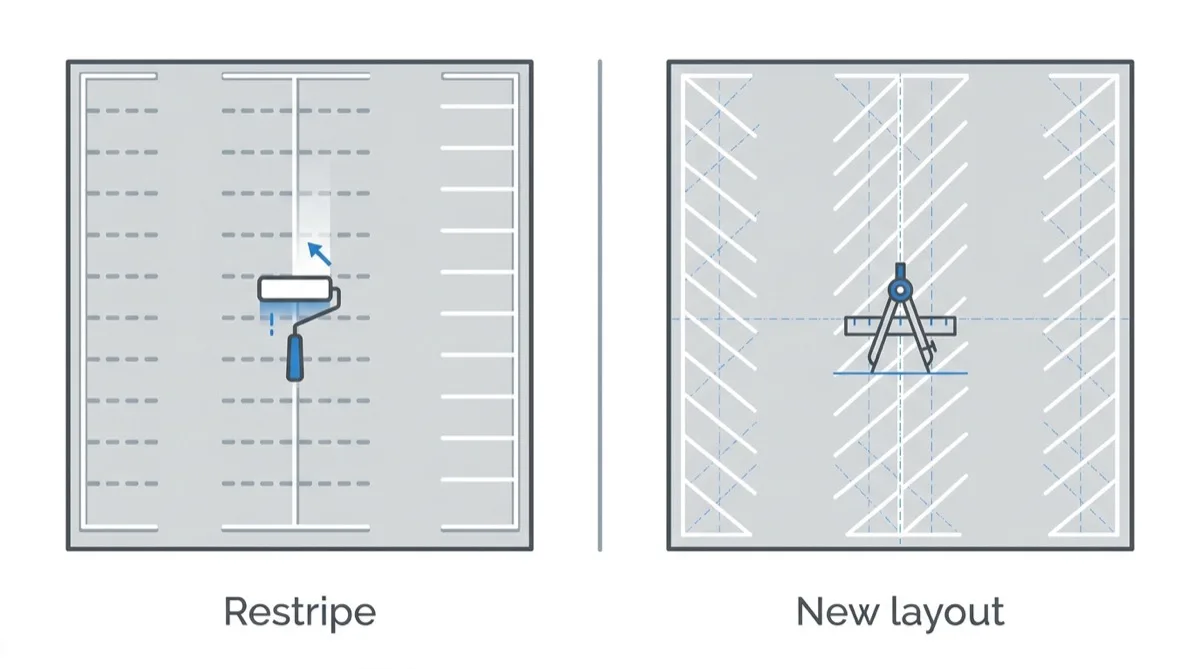 Plan views comparing repainting stalls in their existing positions with setting out a completely new layout.
