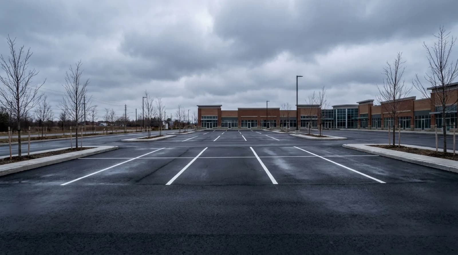 A newly paved and freshly striped commercial parking lot on an overcast Greater Toronto morning.