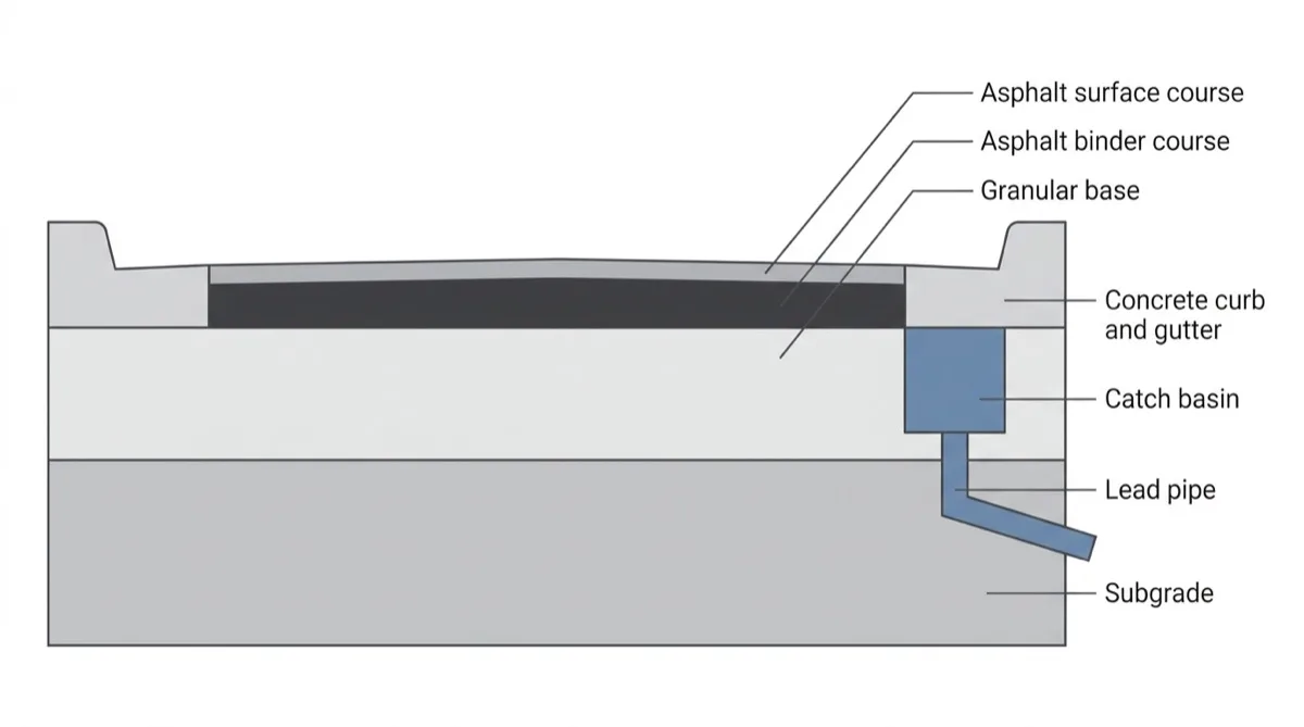 Cross-section of a private lane showing asphalt surface and binder courses over granular base and subgrade, with concrete curb and gutter and a catch basin connected to a lead pipe.
