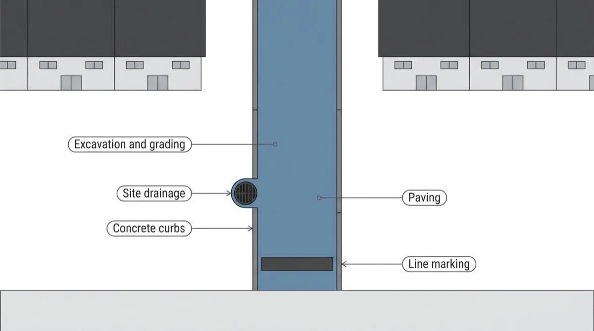 Plan view of a private lane with tags for excavation and grading, site drainage, concrete curbs, paving and line marking.