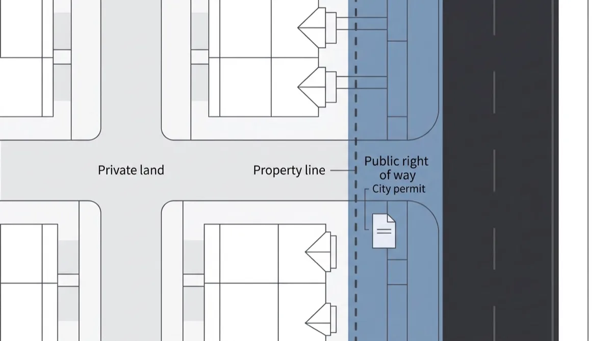 Plan view of a condo lane meeting a public street, with a property line separating private land from the public right of way where a City permit applies.