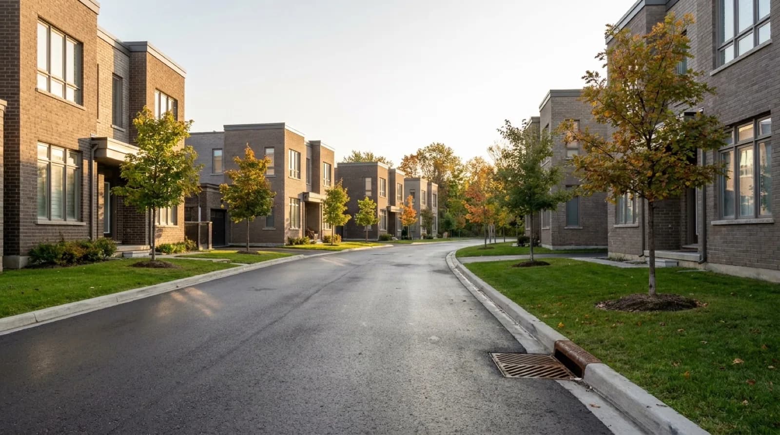 A private asphalt lane with concrete curbs and a catch basin grate, curving between rows of brick condominium townhouses.