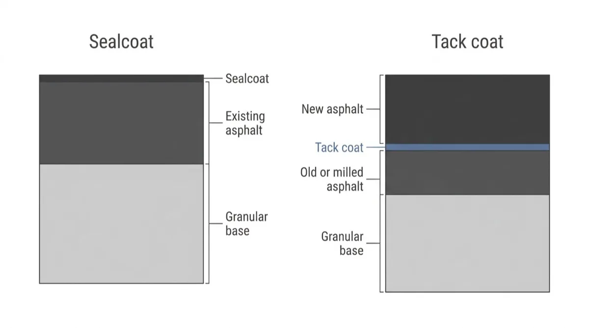 Two cross-sections: a sealcoat film on top of existing asphalt, and a tack coat film buried between new asphalt and old milled asphalt.