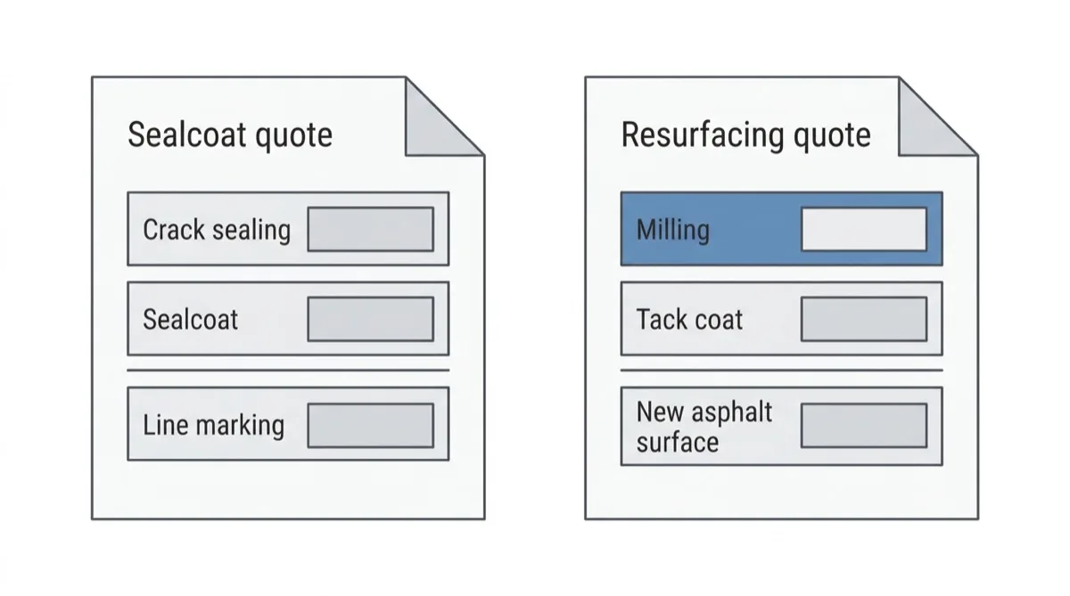 Two quote cards: a sealcoat quote listing crack sealing, sealcoat and line marking, and a resurfacing quote listing milling, tack coat and new asphalt, with milling highlighted.