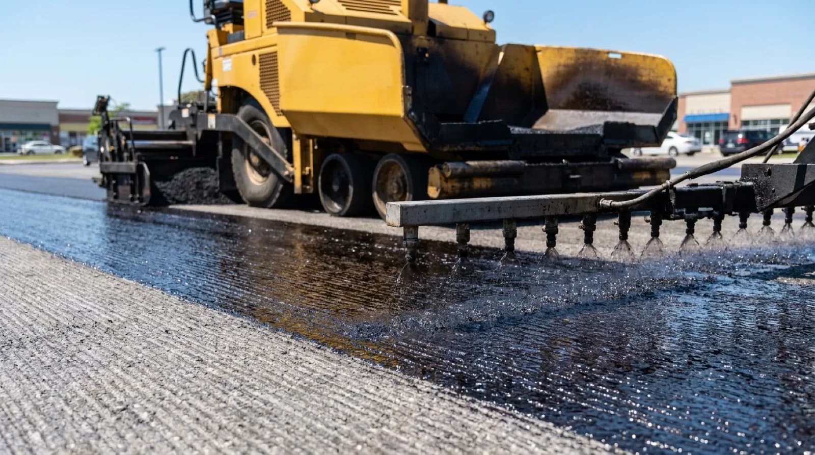 A spray bar laying a thin glistening tack coat on milled asphalt, with an asphalt paver waiting behind.