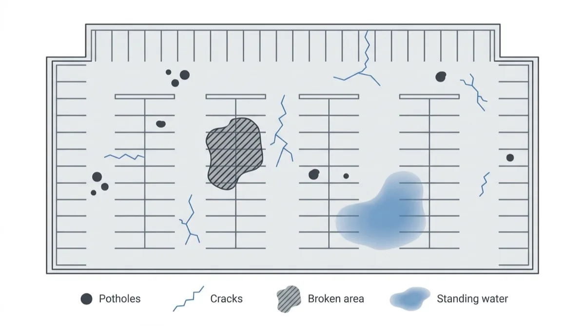 Plan view of a parking lot marked up with potholes, cracks, a broken up area and standing water.