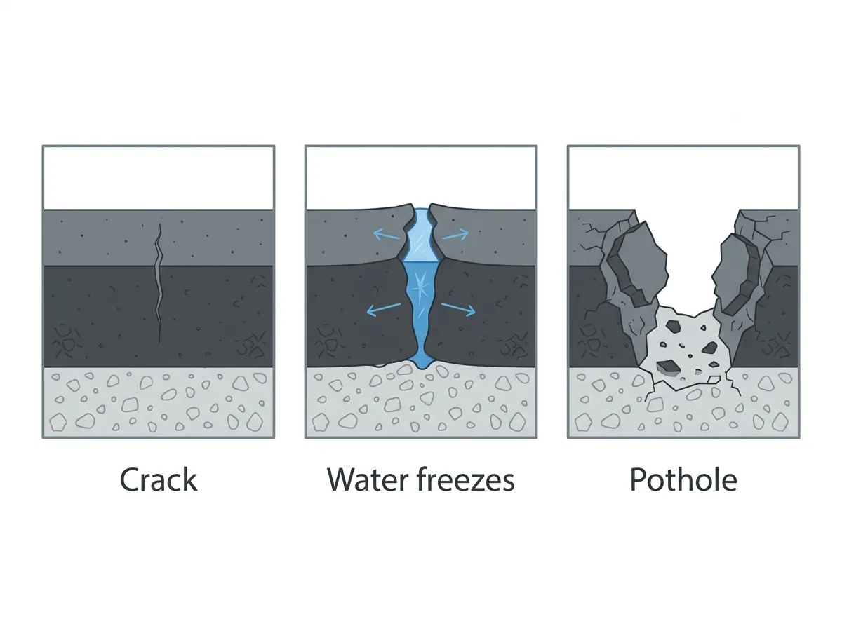 Three stage cross-section showing a hairline crack filling with water, freezing, and breaking out into a pothole.