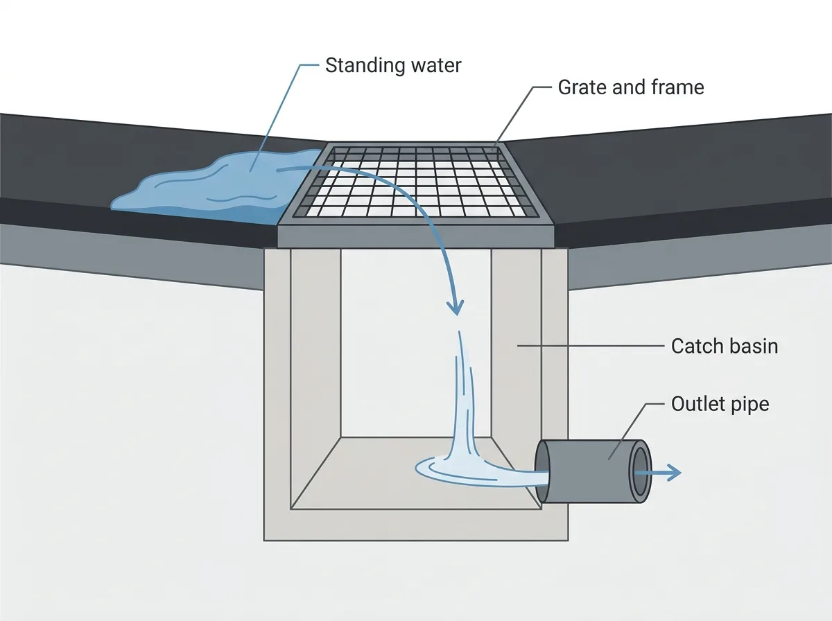 Cross-section of a parking lot catch basin, with water pooling on the asphalt beside the grate and the rest draining through to the outlet pipe.