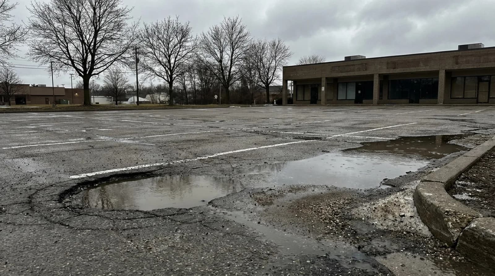 A cracked commercial parking lot with a pothole and standing meltwater on an overcast early spring day in the GTA.