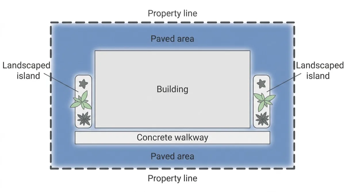 Plan view of a commercial property: inside the property line, only the blue paved surface counts, not the building, landscaped islands or concrete walkway.