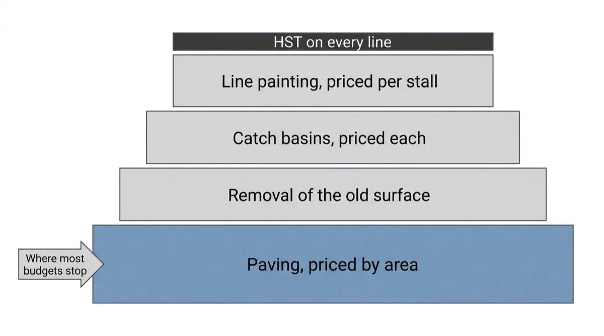 A budget stack: paving priced by area at the bottom, then removal, catch basins and line painting, with a band for HST on every line at the top.