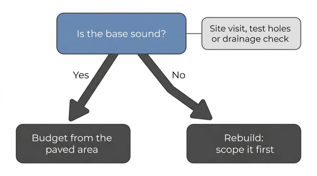 Decision flow: if the base is sound, budget from the paved area; if not, scope a rebuild first, with a side note that a site visit, test holes or a drainage check answers the question.