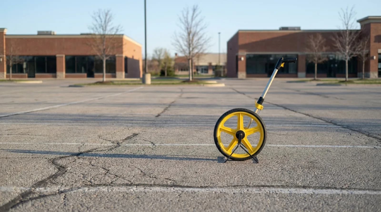 A measuring wheel resting on the worn asphalt of an empty suburban plaza parking lot, with faded stall lines and low retail buildings behind.