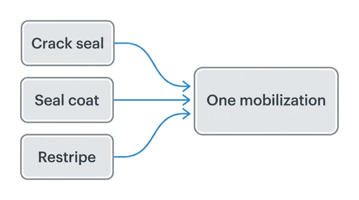 Diagram of crack sealing, seal coating and restriping feeding into a single mobilization.