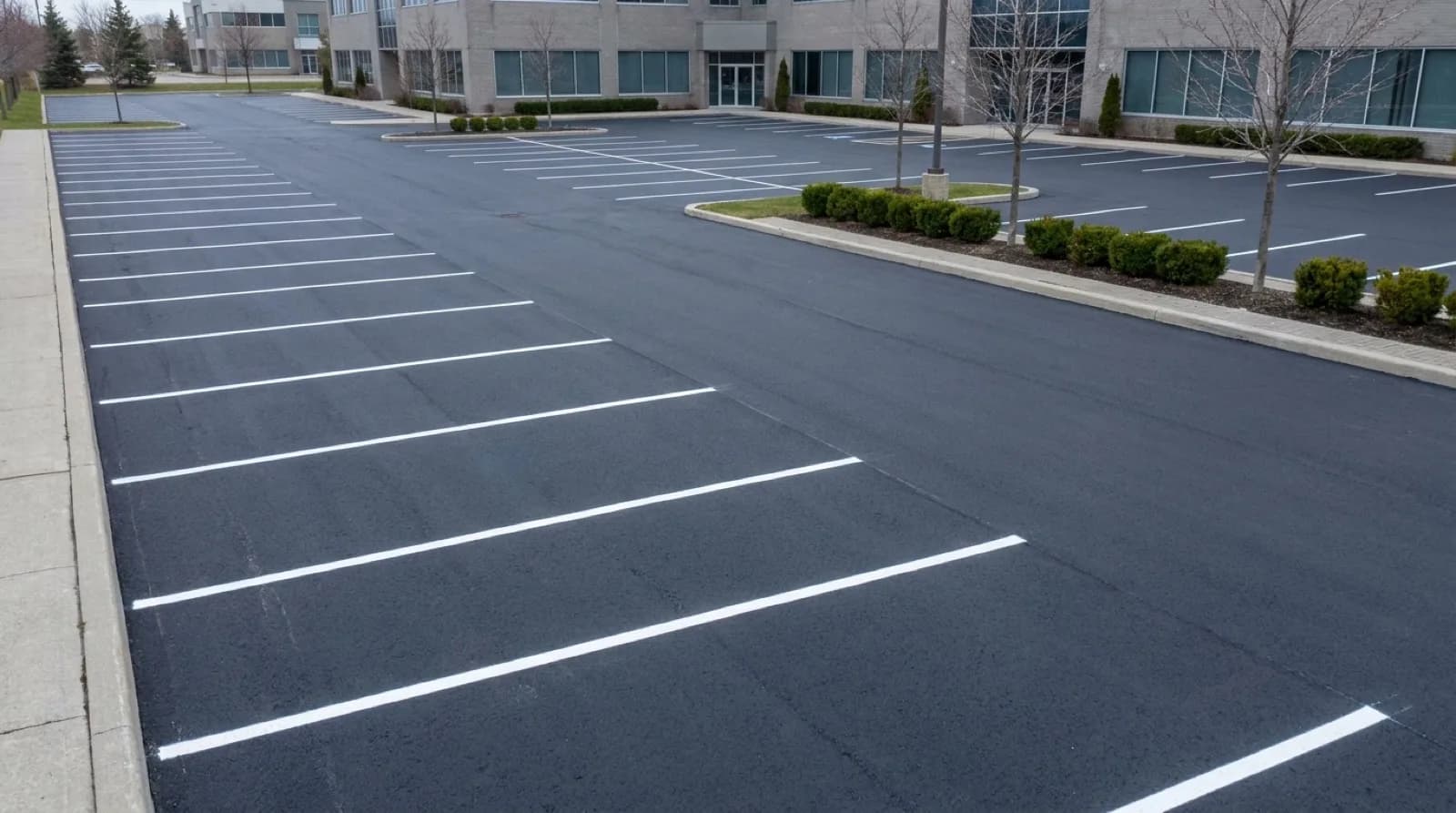 A well maintained commercial parking lot with even sealed asphalt and crisp white stall lines at a GTA office plaza.