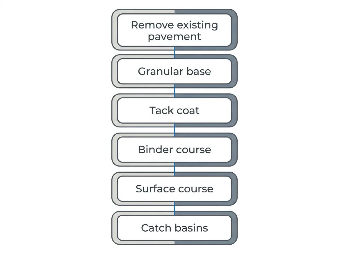 Stack of six priced specification lines: remove existing pavement, granular base, tack coat, binder course, surface course, catch basins.