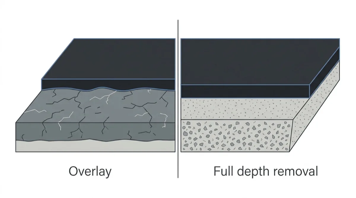 Comparison of an overlay laid over cracked asphalt and a full depth removal down to the granular base.