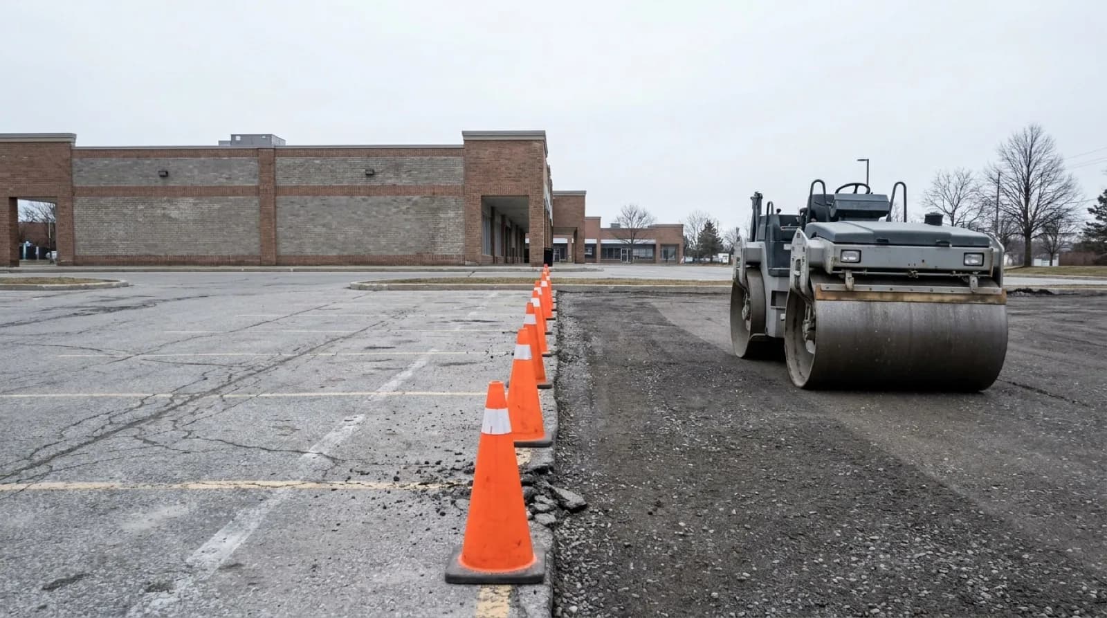 A commercial parking lot part way through reconstruction, cones dividing old cracked asphalt from a milled strip with a roller standing on it.